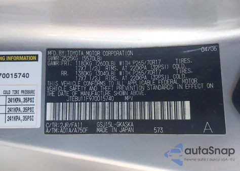 2007 Toyota Fj Cruiser из США, поврежденный, VIN JTEBU11F970015740